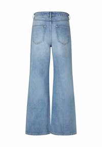 Light blue wide-leg jeans with a high waist, featuring two back pockets and a straight cut from hip to hem, made of denim fabric.