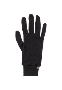 Gants en coton noirs avec une texture côtelée, cinq doigts et un ajustement serré. Présente un petit logo sur la zone du poignet.
