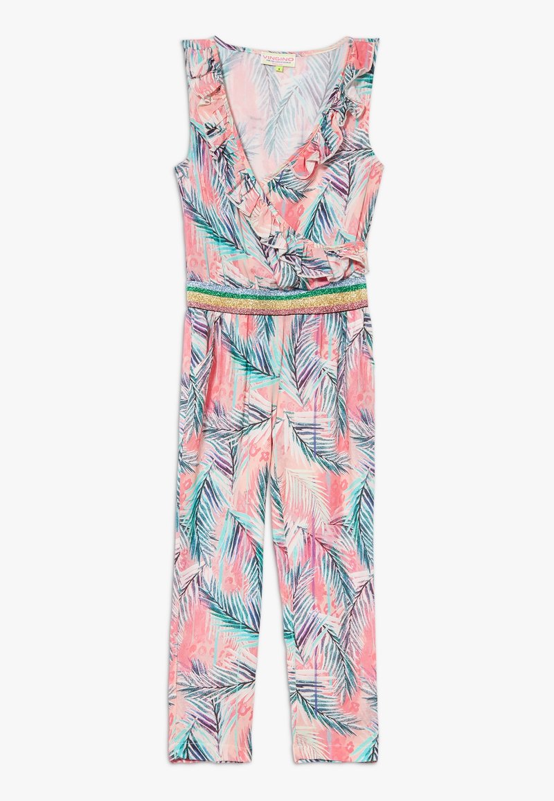Combinaison rose sans manches avec motif feuilles tropicales, col en V volanté et ceinture pailletée multicolore.