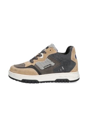 Tan and gray athletic shoe featuring suede and mesh material, padded collar, and white midsole with black rubber sole; includes lace-up design.