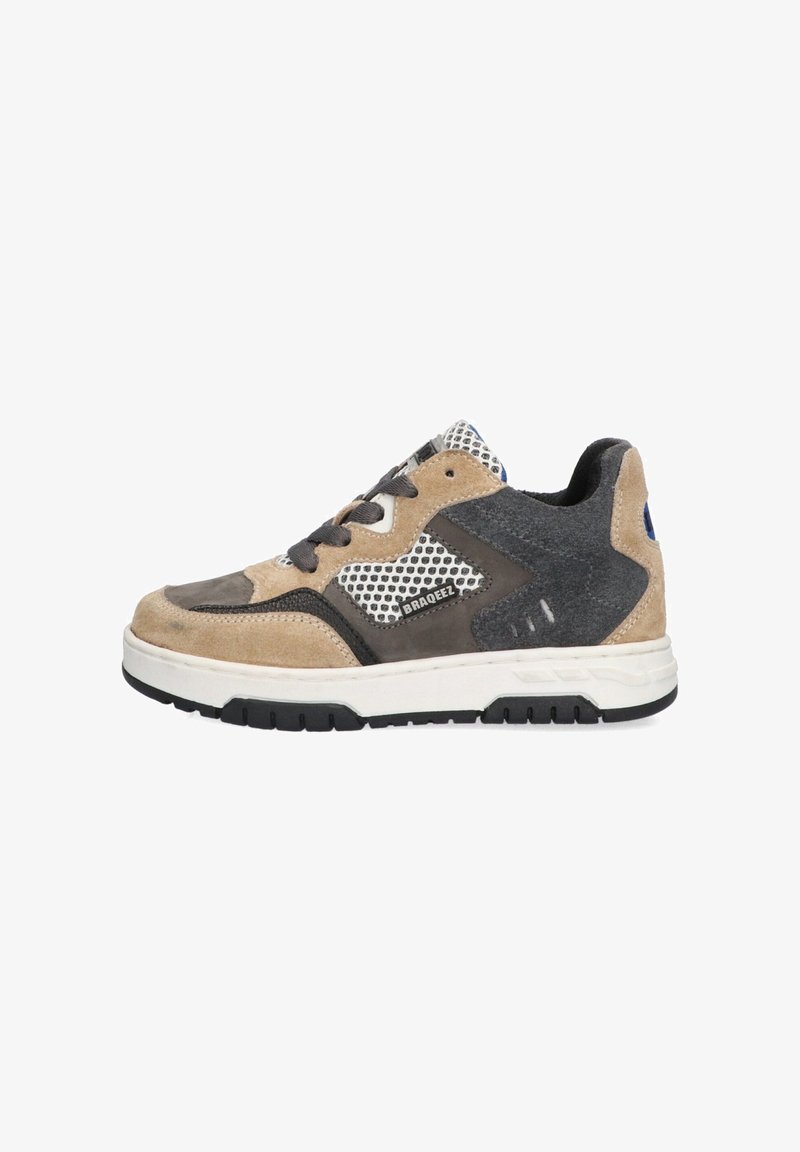 Tan and gray athletic shoe featuring suede and mesh material, padded collar, and white midsole with black rubber sole; includes lace-up design.