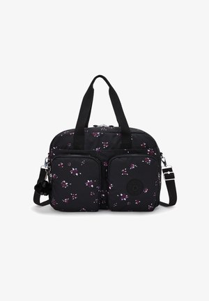 Zwarte stoffen tas versierd met een bloemenpatroon in paars en wit, met twee voorvakjes, dubbele handgrepen en een afneembare schouderriem.