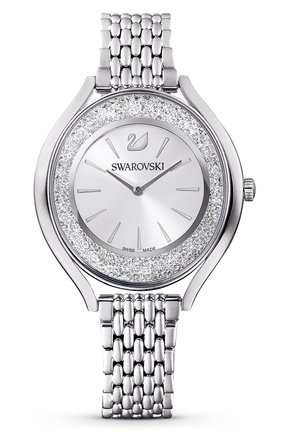 Silberne Swarovski-Uhr mit kristallbesetzter Lünette, rundem Zifferblatt, einfachen Markierungen und verbundenem Metallarmband.