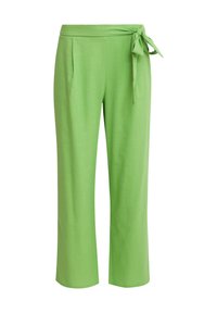 Grüne, leichte, leinenähnliche Hose mit einem Bindegürtel an der Taille, geradem Bein-Design und frontalen Seitentaschen.