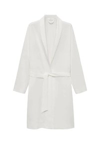 Rochie albă din bumbac, cu guler tip șal, mâneci lungi și curea la talie. Prezintă o textură fină și lungime până la jumătatea gambei.