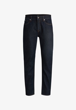 Dunkelblaue Denim-Jeans mit geradem Schnitt, fünf Taschen Design, kontrastierender orangefarbener Naht und silbernem Knopfverschluss.