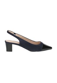 Navy suede slingback shoe with a pointed black patent toe cap and a block heel, featuring a sleek silhouette and minimal design details.