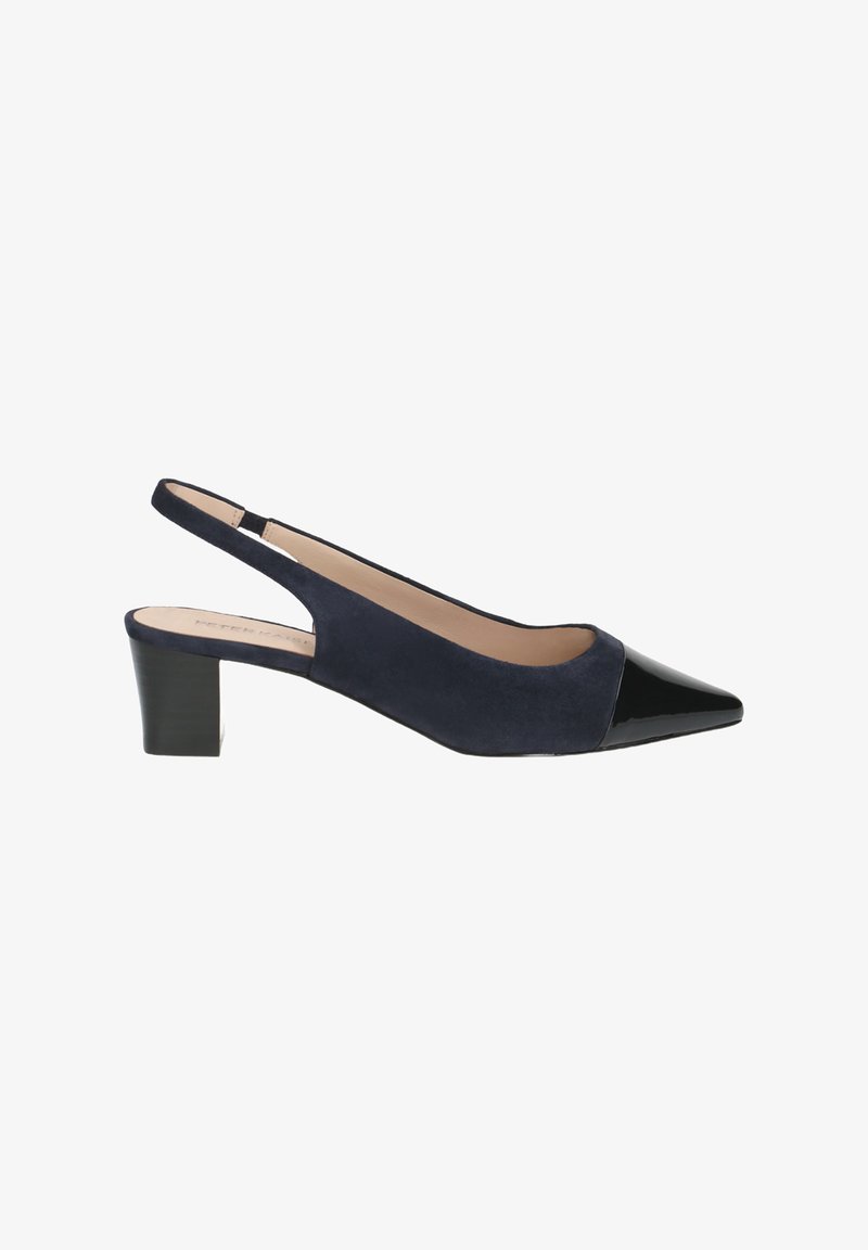 Navy suede slingback shoe with a pointed black patent toe cap and a block heel, featuring a sleek silhouette and minimal design details.