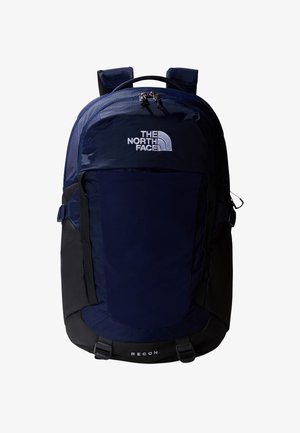 Ciemnoniebieski i czarny plecak The North Face Recon z wieloma kieszeniami na zamki i wyściełanymi szelkami na ramiona.