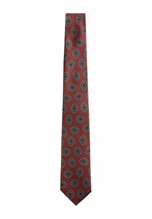 Rust-colored necktie with repeating blue and brown oval medallion patterns evenly spaced across the fabric.