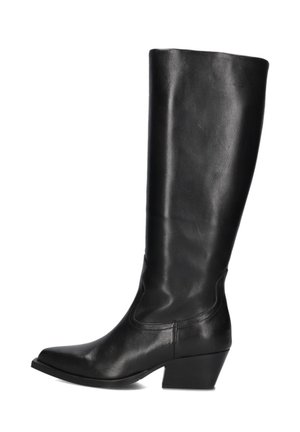 Botte en cuir noire jusqu'au genou avec un bout pointu et un petit talon carré. Présente une texture lisse et des coutures minimales pour un design épuré.