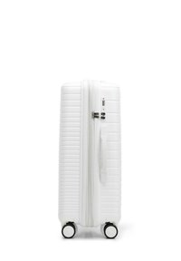 White hardshell suitcase with a ribbed texture, dual zip closure, integrated lock, and four wheels for mobility. Handle on the side.