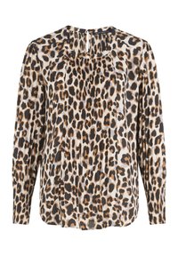 Blusa a stampa leopardata in beige, nero e marrone; presenta una texture plissettata, scollatura rotonda e maniche lunghe con chiusura a bottoni sul retro.