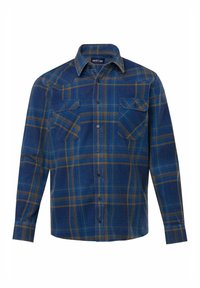 Camisa de cuadros azul de manga larga, con dos bolsillos en el pecho y botones. Tejido texturizado con acentos en amarillo y azul claro por toda la prenda.