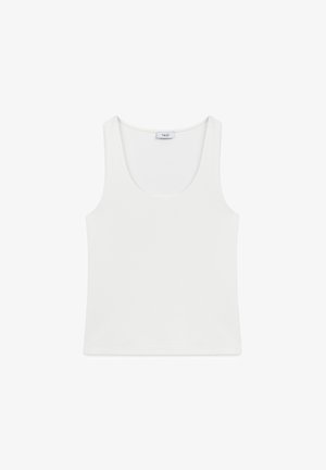 Canotta bianca, scollatura a rondine, design aderente, realizzata in tessuto morbido e elasticizzato. Nessun motivo o ferramenta visibili.