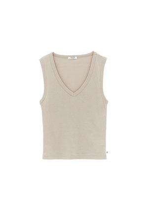 Beige ærmeløs V-hals strikket top med lige kant, designet til afslappet brug.