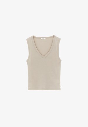 Haut beige sans manches à col en V en maille avec un ourlet droit, conçu pour une tenue décontractée.