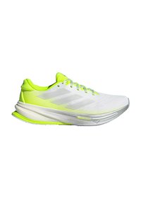 Herren-Laufschuh in Weiß und Neon-Gelb. Atmungsaktives Mesh-Obermaterial, gepolsterte Zwischensohle, reflektierende Akzente und strukturierte Grifflauffläche.