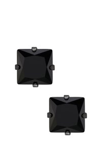 Orecchini cubici neri con un design sfaccettato, caratterizzati da quattro punte in ogni angolo e superfici lisce e lucide.