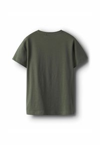 T-shirt olive vert à manches courtes avec un col rond, en coton doux et à coupe décontractée. Dos uni sans motifs ni embellissements.