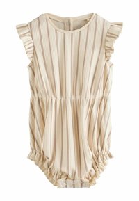 Lahka bež kombinezon z navpičnimi črtami v umirjenih tonih. Ima nabrane rokave in elastičen pas. Zapira se z gumbi na zadnji strani.