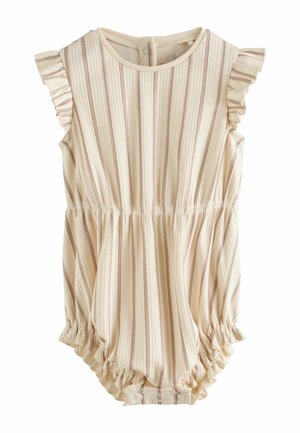 Ljusbeige romper med vertikala ränder i dämpade toner. Har volangtärmar och en elastisk midja. Stängs baktill med knappar.