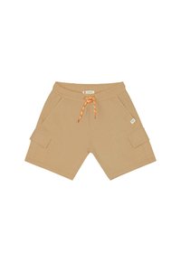Pantaloni cargo beige con cintura elasticizzata e cordino arancione. Presentano tasche laterali e un'etichetta a patch rettangolare sulla parte anteriore.
