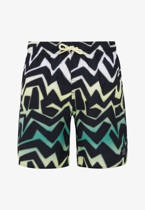 Zwarte zwembroek met een zigzagpatroon in groene, gele en blauwe gradienten. Voorzien van een elastische tailleband en een trekkoordsluiting.