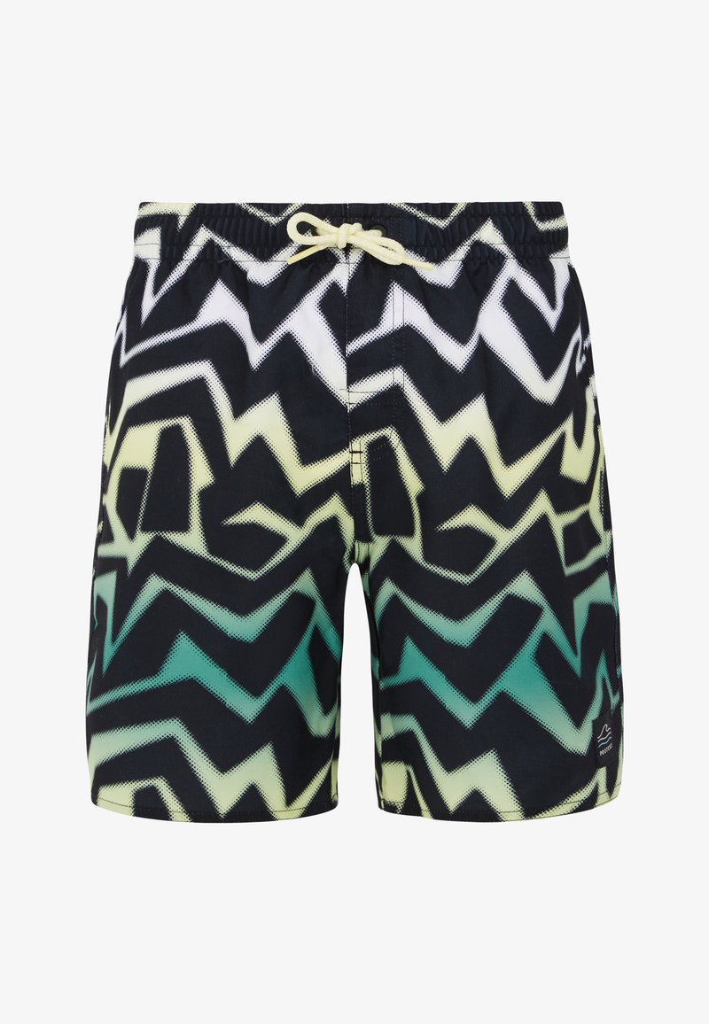 Costumi da bagno neri con un motivo a zigzag in gradiente verde, giallo e blu. Presentano una cintura elasticizzata e una chiusura con cordino.