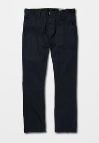 Dunkelblaue Chinos aus Baumwollmaterial. Verfügt über ein gerades Bein-Design, Fronttaschen und einen Knopfverschluss an der Taille.