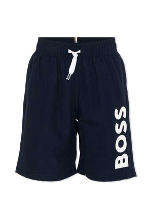 Marineblauwe zwembroek met wit trekkoord en groot verticaal "BOSS" logo op het rechterbeen.