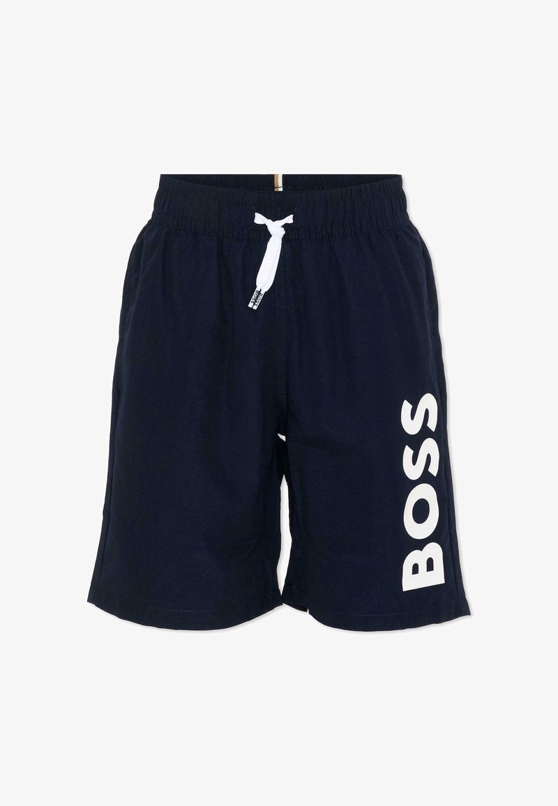 Shorts de bain bleu marine avec cordon de serrage blanc et grand logo vertical "BOSS" sur la jambe droite.
