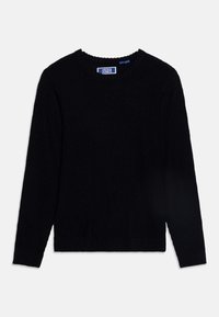 Črn pleten pulover z rebrasto teksturo, okroglo ovratnico in dolgimi rokavi. Etiketa nosi napis "Jack & Jones." Preprost dizajn brez dodatnih vzorcev.