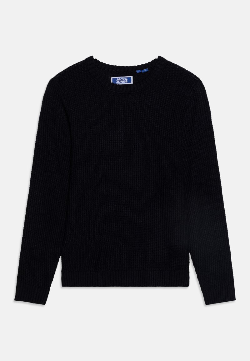 Suéter negro de punto con textura acanalada, cuello redondo y mangas largas. La etiqueta dice "Jack & Jones". Diseño simple sin patrones adicionales.