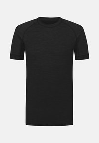 Zwart T-shirt met korte mouwen, gemaakt van lichtgewicht stof, met een ronde halslijn en raglanmouwen met een gladde textuur.