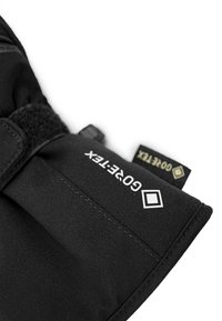 Guanto nero con logo GORE-TEX, texture liscia, cinturino regolabile in Velcro e etichetta in tessuto con colori a contrasto.