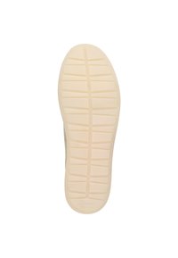 Semelle de chaussure avec un fond en caoutchouc beige clair texturé, présentant des rainures parallèles et un bord lisse. Marque embossée près du talon.