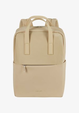 Beige Rucksack aus strapazierfähigem Stoff, mit rechteckiger Form, zwei oberen Griffen und einer vorderen Reißverschlusstasche mit minimalistischem Logo.