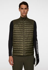 Gilet imbottito verde oliva con colletto alto e chiusura con zip, caratterizzato da una texture trapuntata. Indossato sopra una camicia nera a maniche lunghe e guanti.