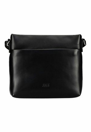 Sac à épaule en cuir noir à finition lisse, forme rectangulaire, avec le nom de la marque « Jost » embossé au centre avant.