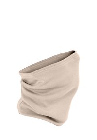 Beige, soft fabric neck gaiter with a gathered design, featuring smooth texture and a wide top opening. Suitable for various climates.