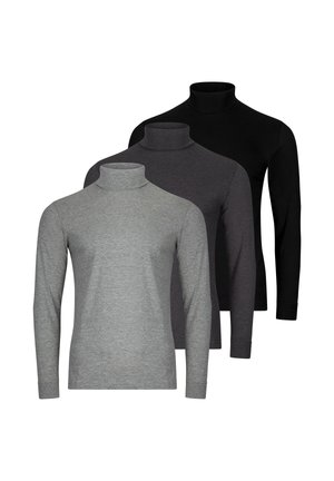 Trzy długie, golfowe koszulki w kolorach jasnoszarym, ciemnoszarym i czarnym, ułożone nakładające się na białym tle.