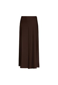 Jupe maxi marron en tissu lisse, arborant un design simple avec une silhouette fluide et sans matériel ou embellissements visibles.