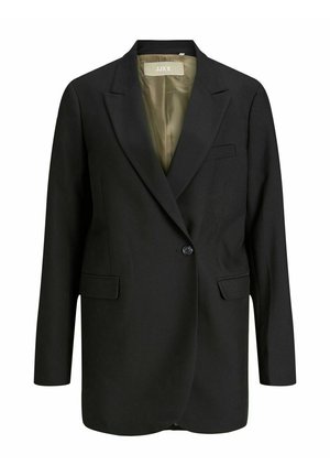 Svart blazer med en enkelt knappelukking, normale revers, to frontlommer, og en glatt beige fôr. Skreddersydd passform med en strukturert design.