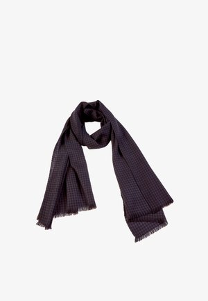 Mørkeblå og sortternet halstørklæde med frynser i kanterne, løst foldet på en hvid baggrund.