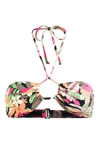 Bloemenbikini-top in zwart met roze, groene en oranje accenten. Bevat strikken bij de nek en rug, gerimpeld materiaal en een veilige sluiting met een haakje.