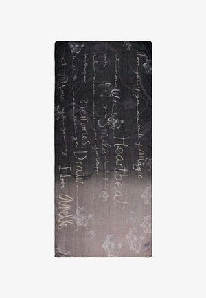 Sciarpa rettangolare grigio scuro con testo ispirazionale bianco scritto a mano e motivi di fiori astratti chiari.