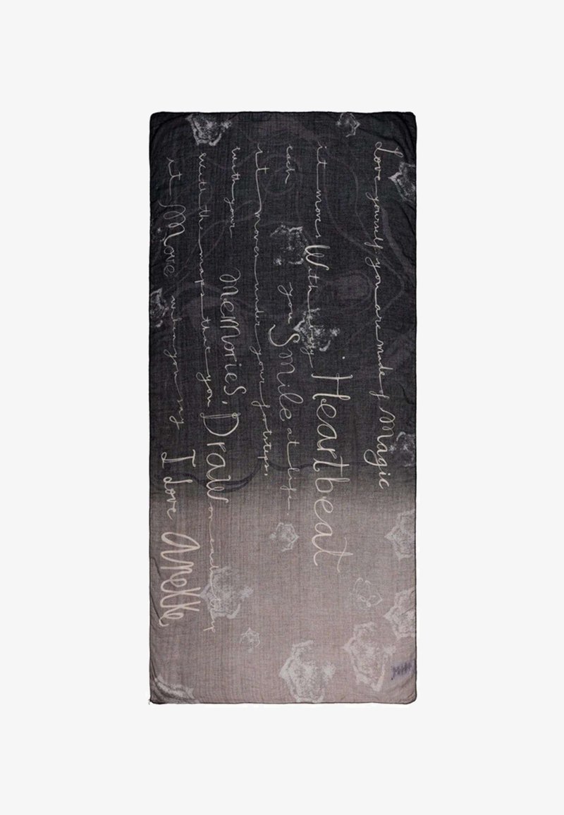 Écharpe rectangulaire gris foncé avec du texte inspirant manuscrit en blanc et des motifs de fleurs abstraits en clair.