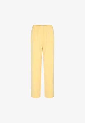 Pantalon jaune droit avec taille élastique, sans poches visibles ni ornements, présenté sur un fond blanc uni.