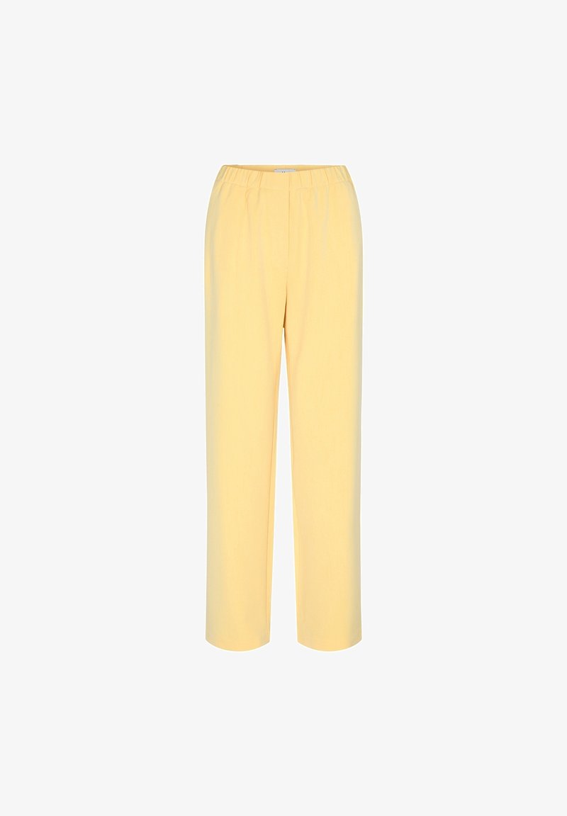 Pantalon jaune droit avec taille élastique, sans poches visibles ni ornements, présenté sur un fond blanc uni.
